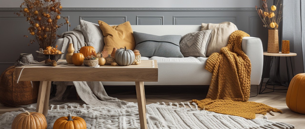 Living room sofa and coffee table with fall colors and pumpkins.